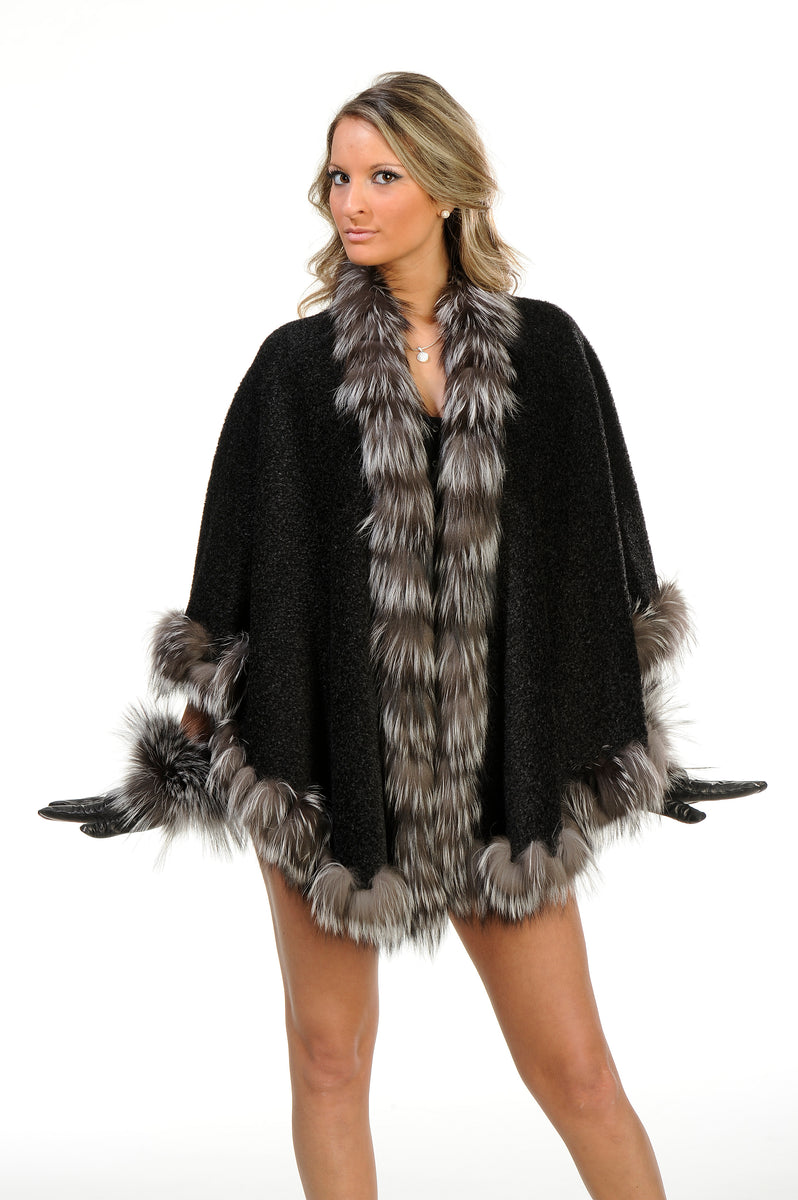 GENUINE SILVER FOX FUR LACE TRIM ALPACA CAPE – Luna Furs